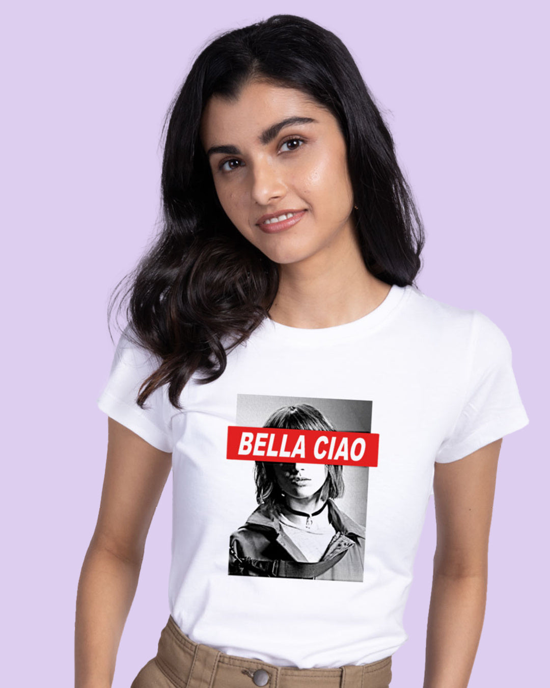 Women's White Bella Ciao Graphic Printed Slim Fit T-shirt